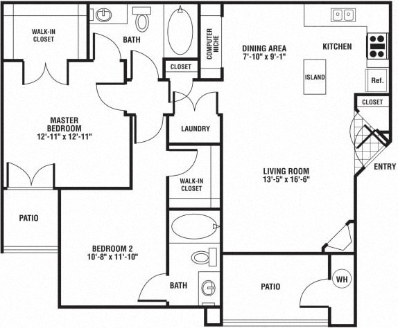 Floor plan for 2 beds, 2 baths, 1077 sqft
